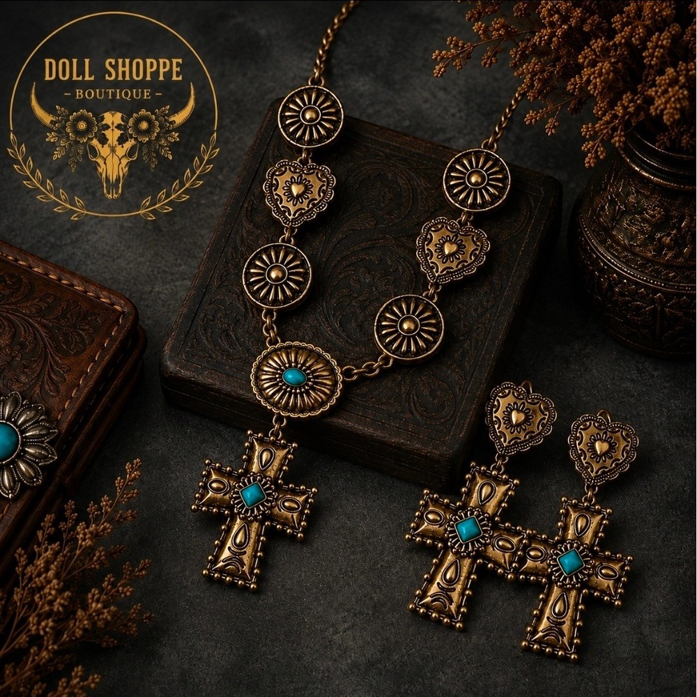 Western Cross Necklace & Earrings Set Turquoise Antique Gold